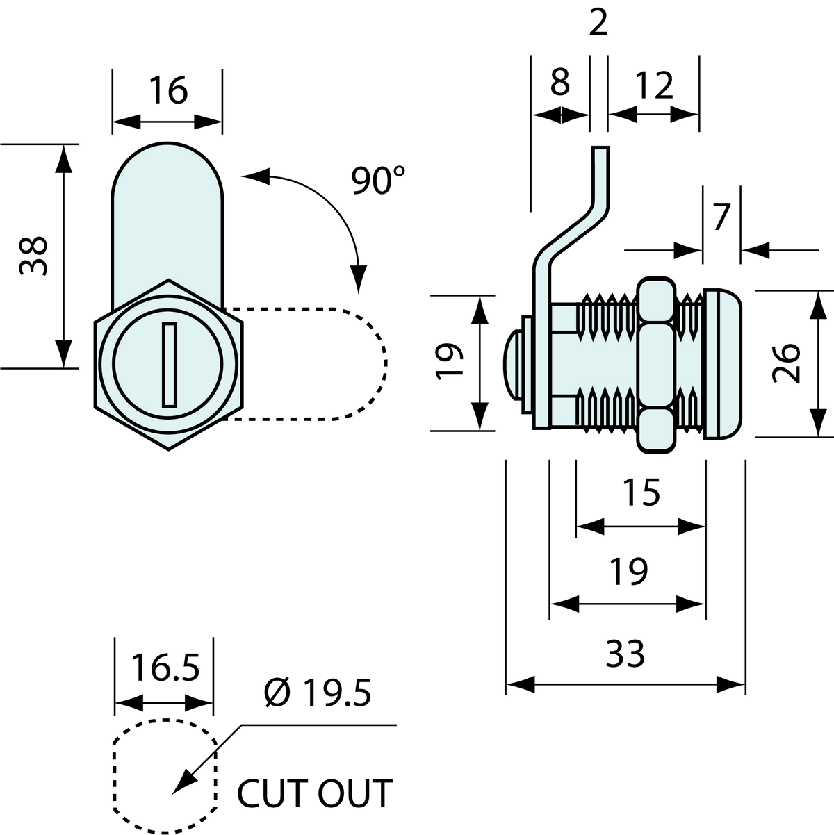 Round Face Cam Lock For Central Locking Kit 90deg Rotation