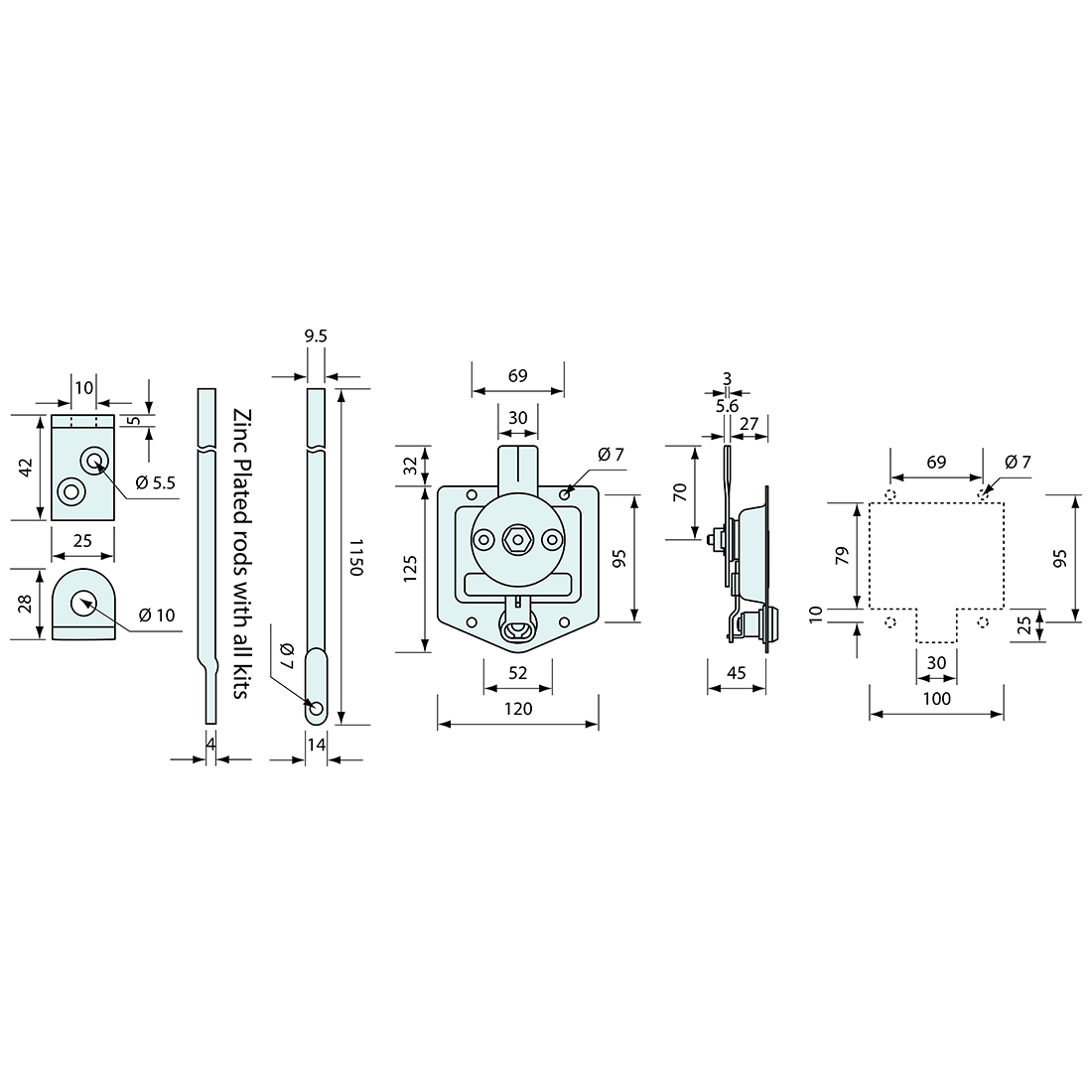Drop T Latch Three Way Kit Non Locking Zinc Plated