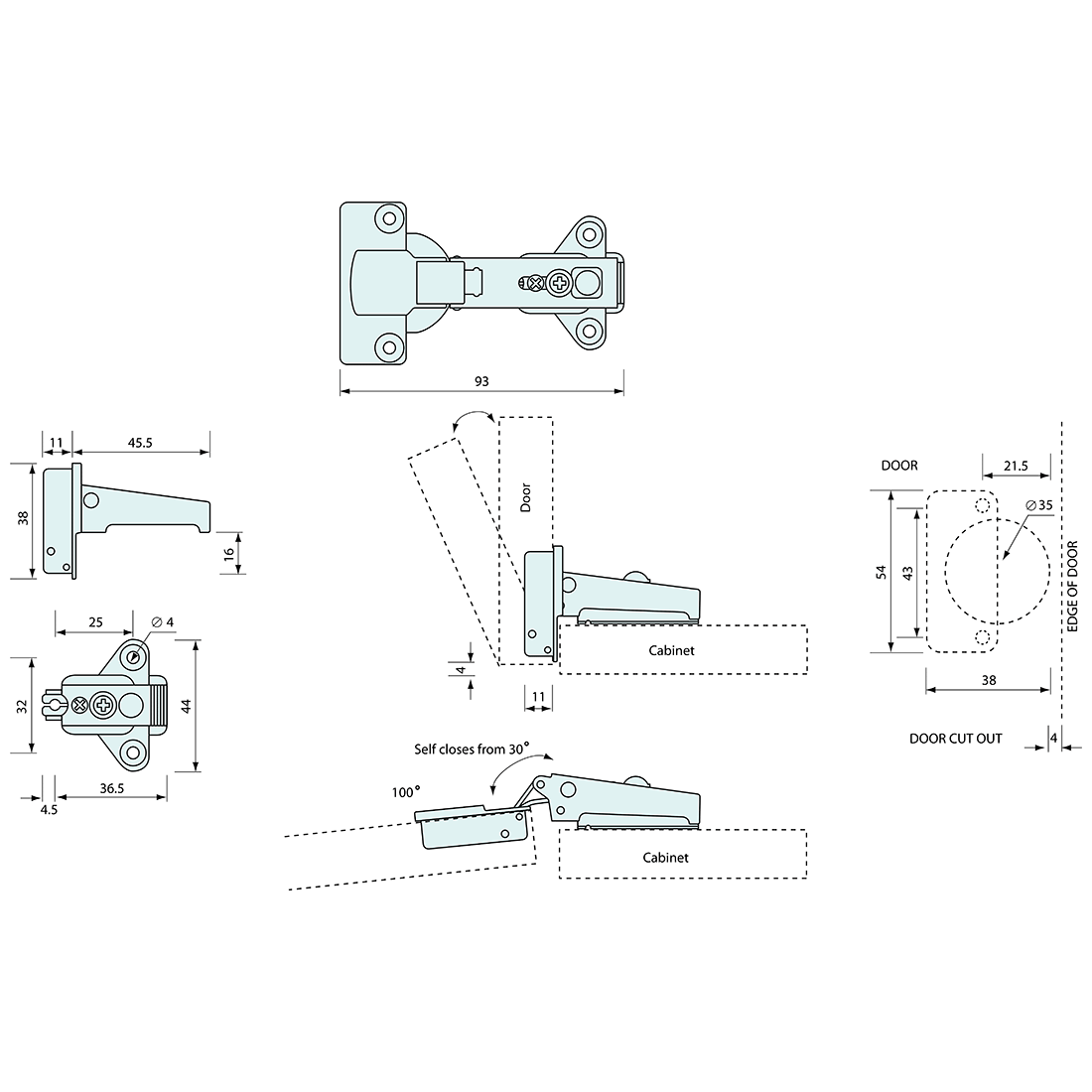 Self Closing Concealed Hinge Stainless Steel 56.5mm