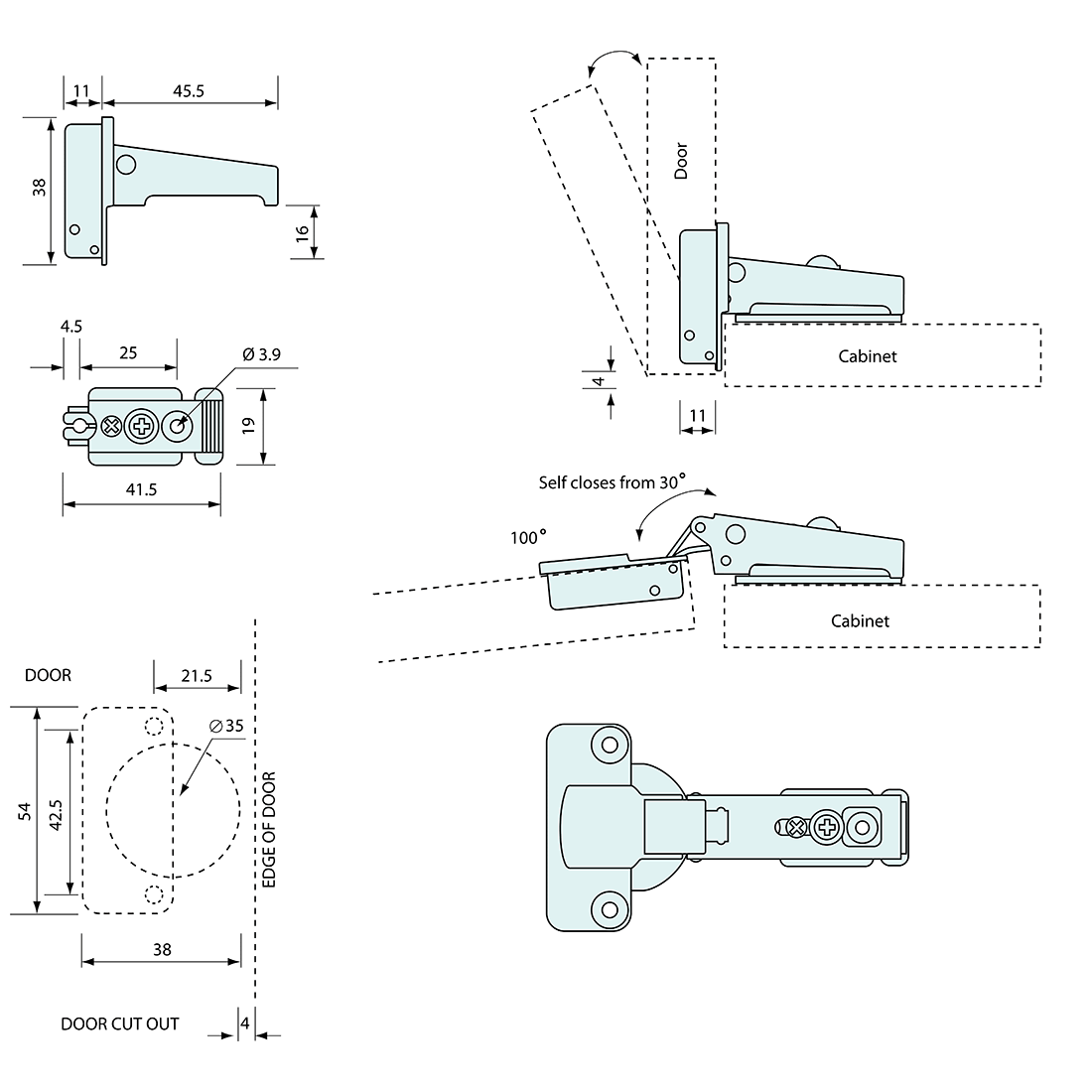Self Closing Concealed Hinge Narrow Mount Stainless Steel 56.5mm