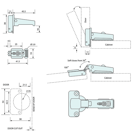 Self Closing Concealed Hinge Narrow Mount Stainless Steel 56.5mm