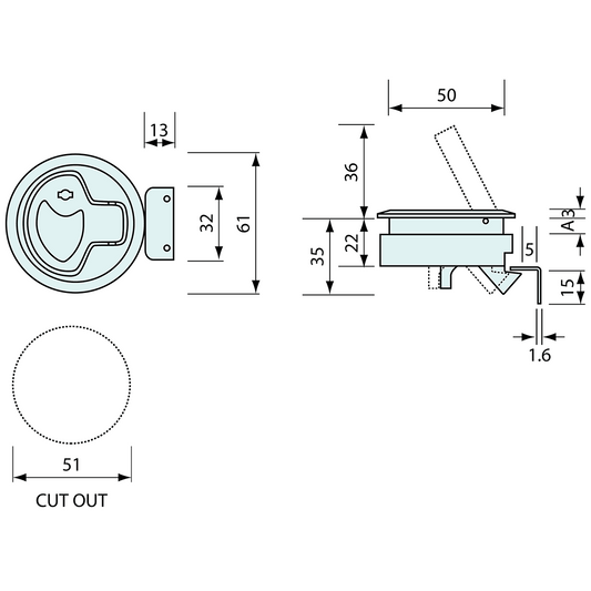 Slam Latch Round Black Keyed 60mm