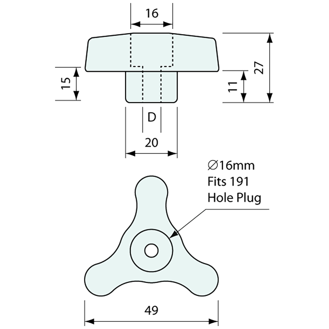 Tri Knob SS 316 M8 Int Thread