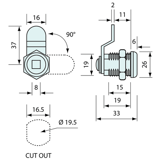 Square Drive Cam Lock Chrome 37mm