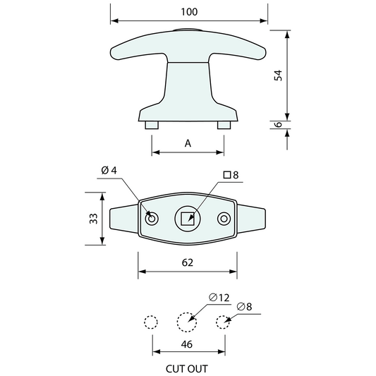 Internal T Handle Non-Locking Front 180deg 33x100mm