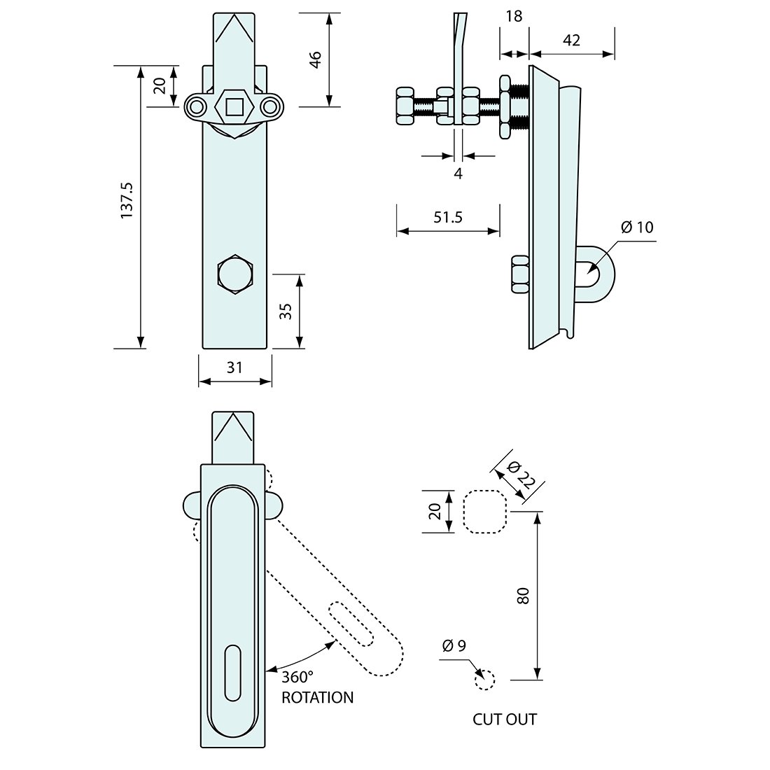 Padlockable 3 Point Swing Handle SS