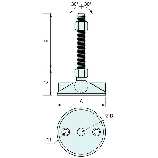 Bolt Down Swivel Adjustable Foot Zinc Plated Thread 150mm 90mm Base M16