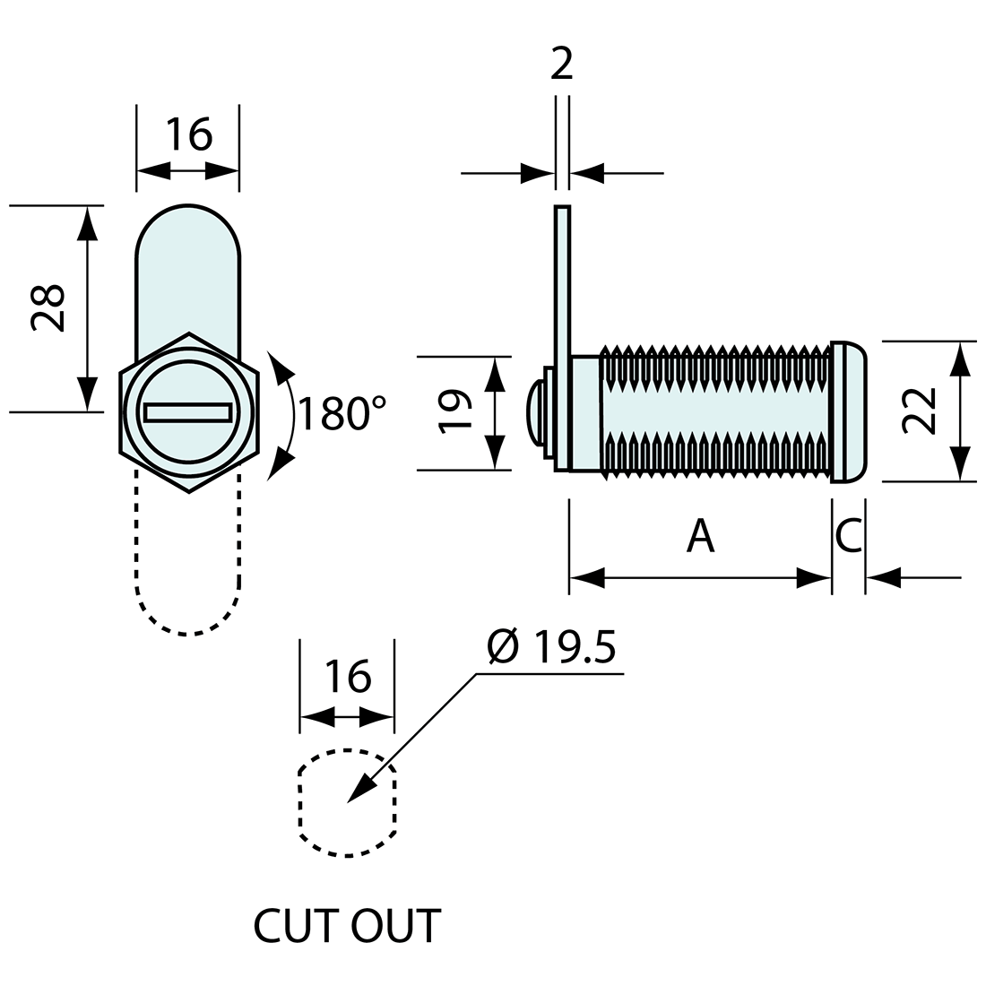 Key Locking Cam Lock 32mm 180deg Rotation 32mm