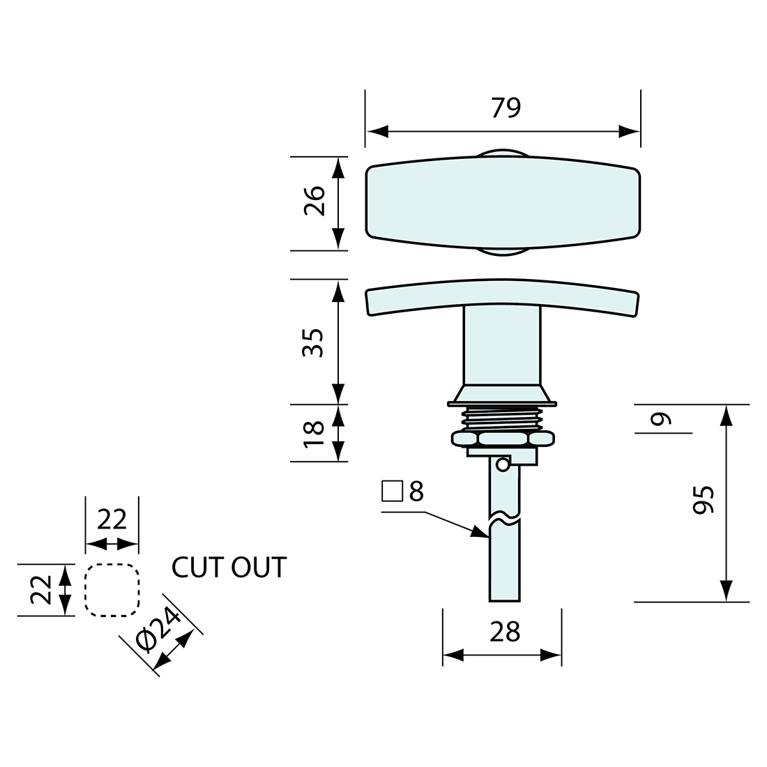 T Handle Non Locking Stainless Steel 100mm