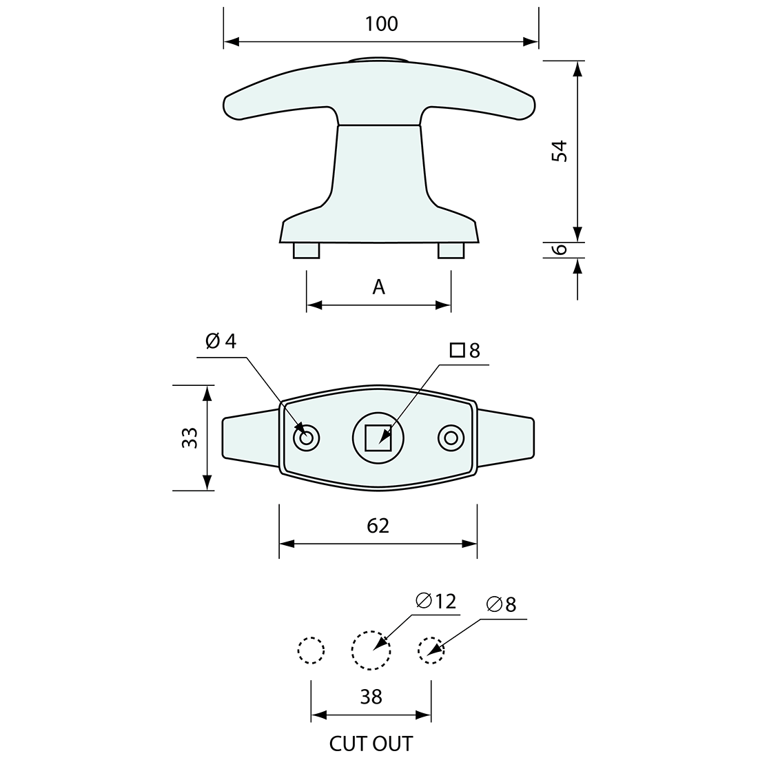 Internal T Handle Locking Front 180deg 38mm Mounting