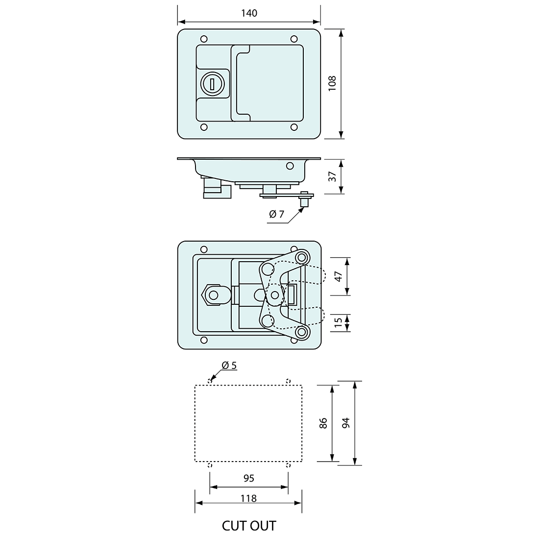 Centre Latch Only Locking Stainless Steel 140mm