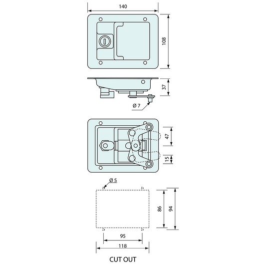 Centre Latch Only Locking Stainless Steel 140mm