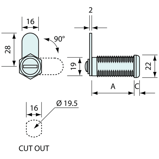 Key Locking Cam Lock 19mm 90deg Rotation 19mm