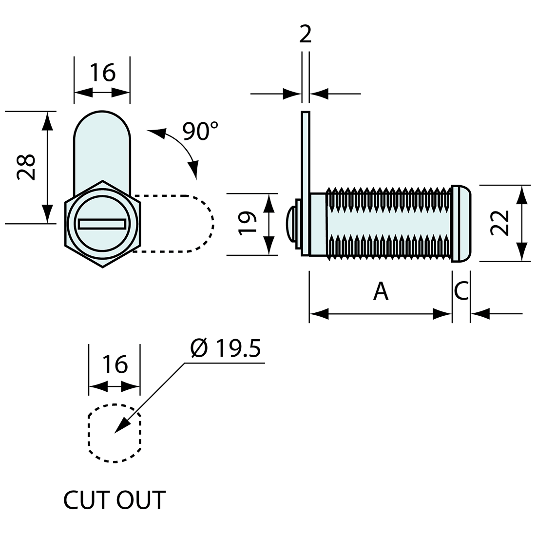 Key Locking Cam Lock 16mm 180deg Rotation 16mm