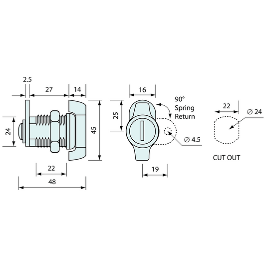Wing Handle Spring Return Lock Chrome 25mm