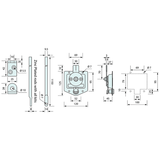 Drop T Latch Three Way Kit Non Locking Zinc Plated