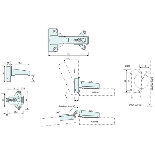 Self Closing Concealed Hinge Stainless Steel 56.5mm
