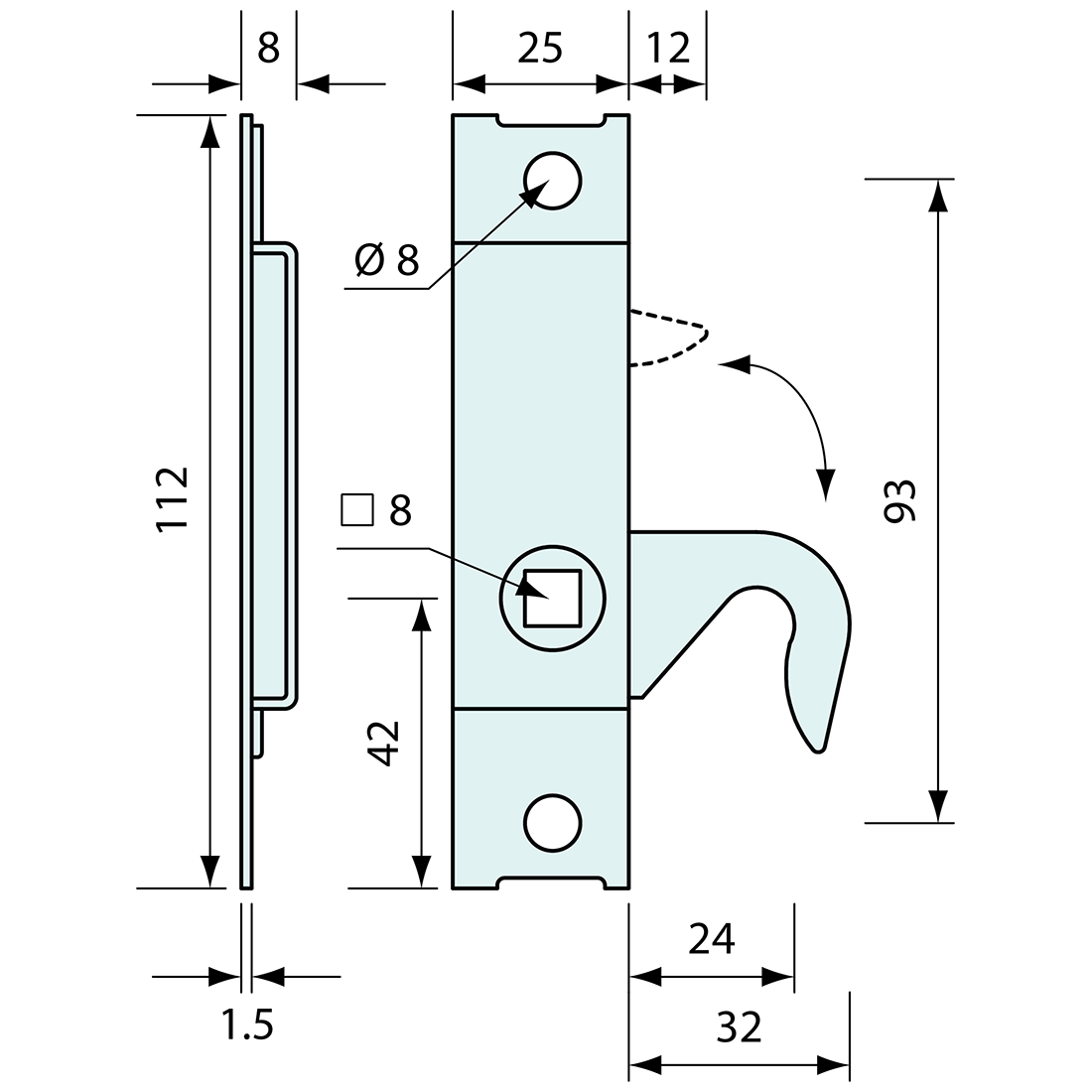 Deadbolt Latch Hooked Left Hand 112mm