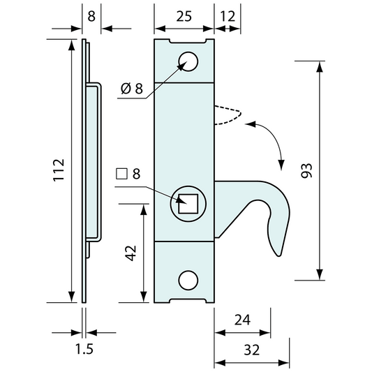Deadbolt Latch Hooked Left Hand 112mm