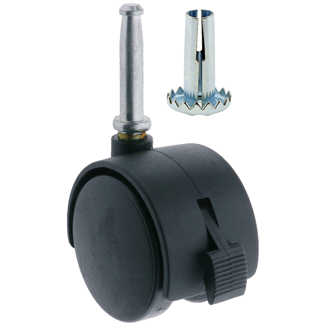Twin Wheel Castor Socket and Brake Black Nylon 50mm