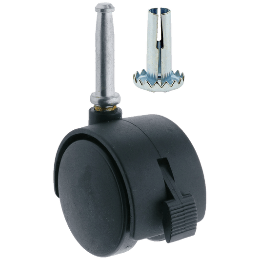 Twin Wheel Castor Socket and Brake Black Nylon 50mm