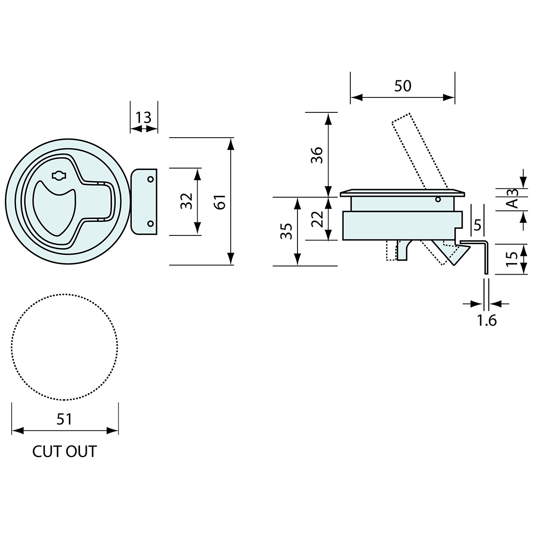 Slam Latch Round Black Keyed 60mm