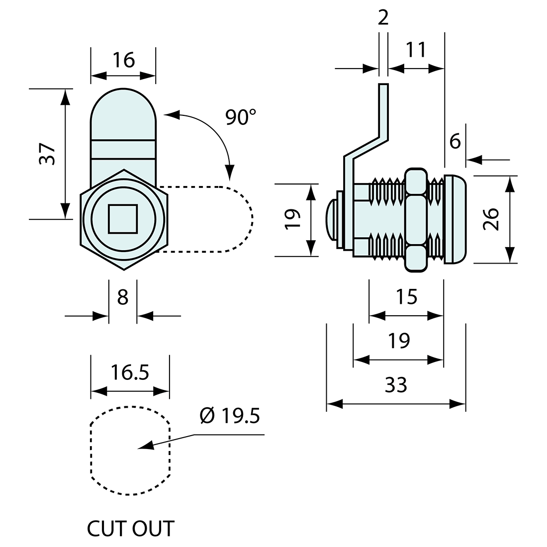 Square Drive Cam Lock Chrome 37mm
