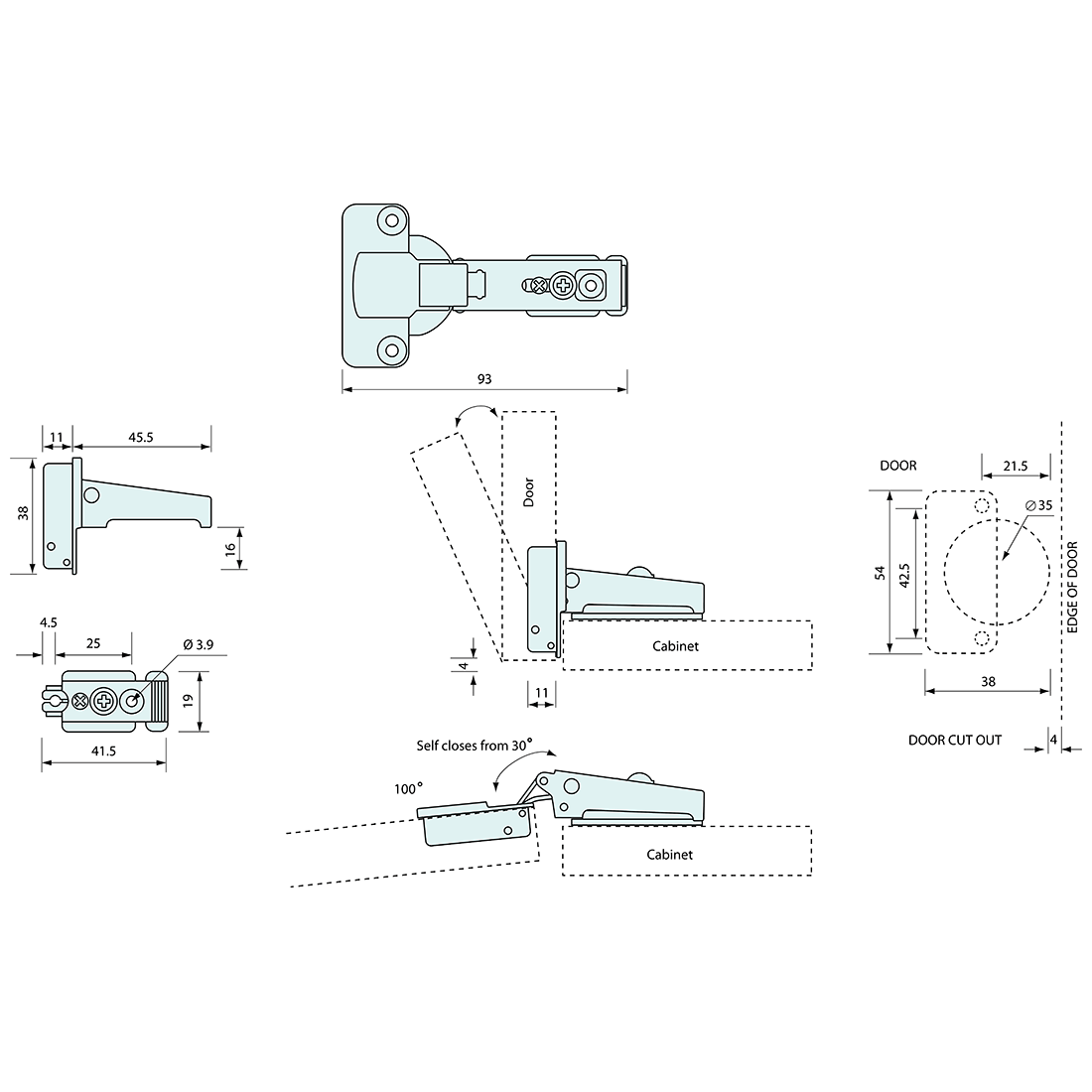 Self Closing Concealed Hinge Narrow Mount Stainless Steel 56.5mm