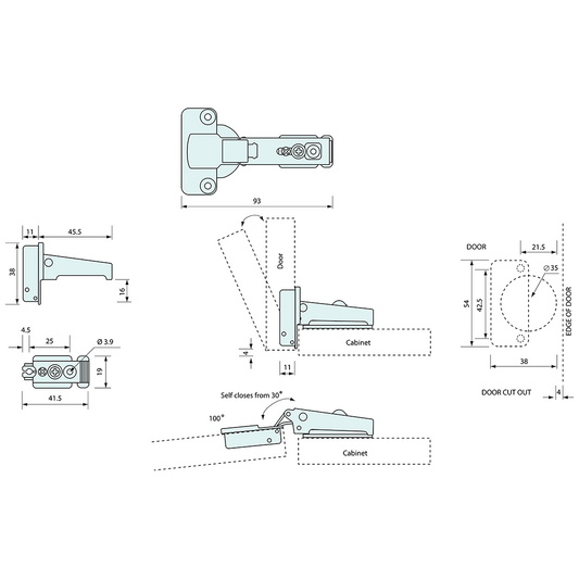 Self Closing Concealed Hinge Narrow Mount Stainless Steel 56.5mm