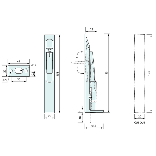 Recessed Bolt Latch Chrome 153mm