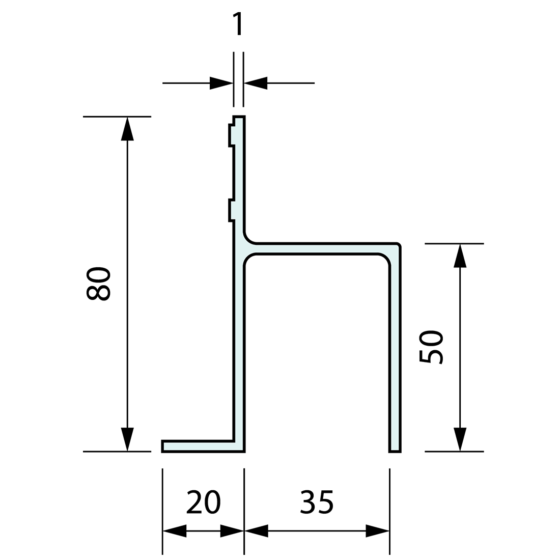 Sliding Door Guide Track with Leg  81x57mm x 5m