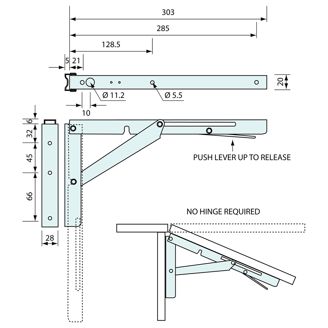Folding Bracket Stainless Steel 303mm