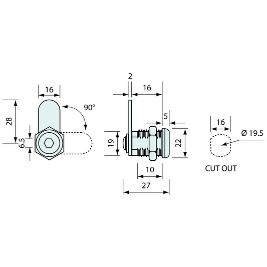 Hex Cam Lock Zinc Diecast and Nickel Plated 6.4mm