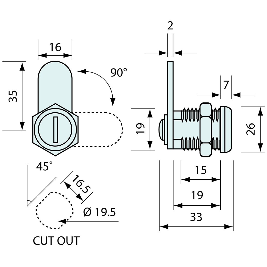 Key Locking Cam Lock Round Face 90deg Rotation 35mm