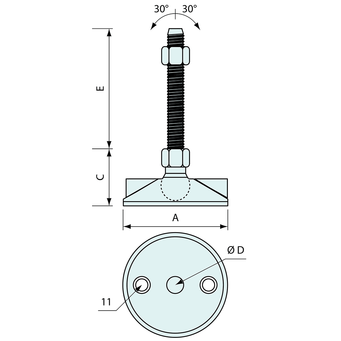 Bolt Down Swivel Adjustable Foot Zinc Plated Thread 150mm 90mm Base M16