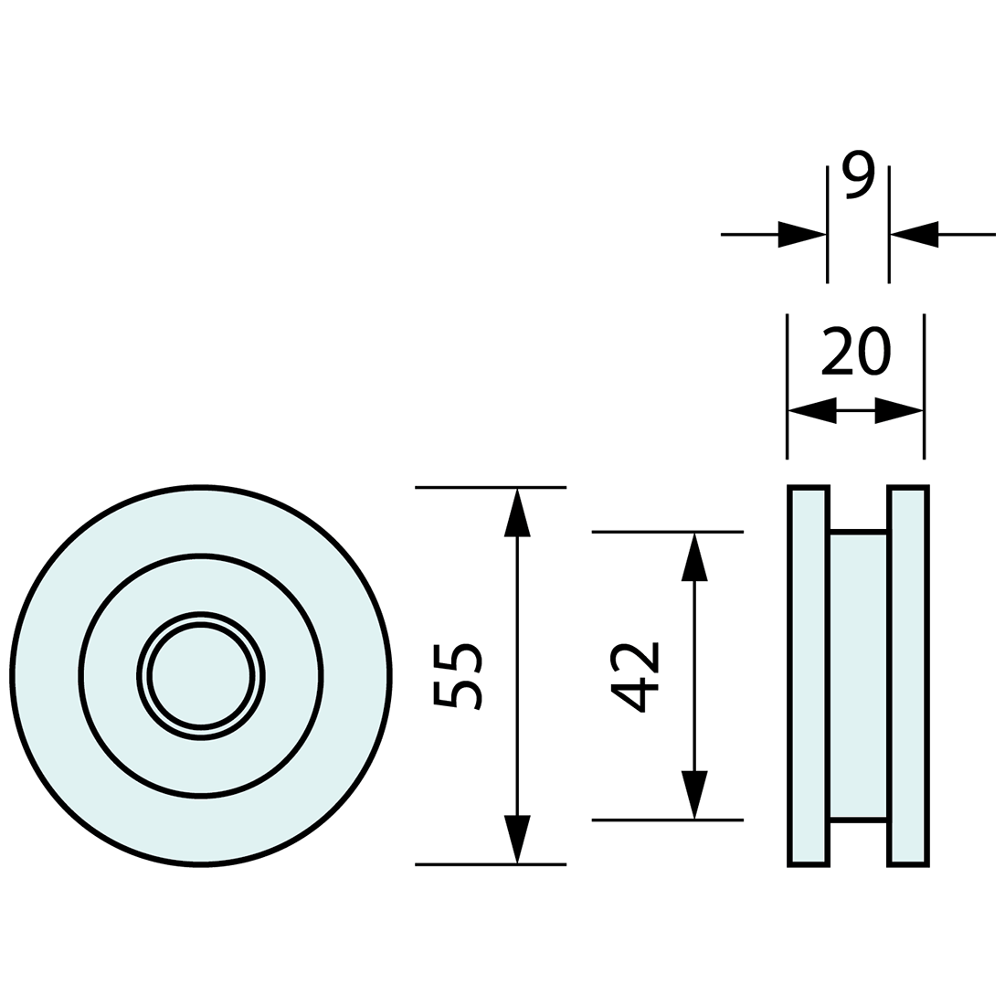 Nylon Wheel with Bearing 55mm, 10mm Channel Groove