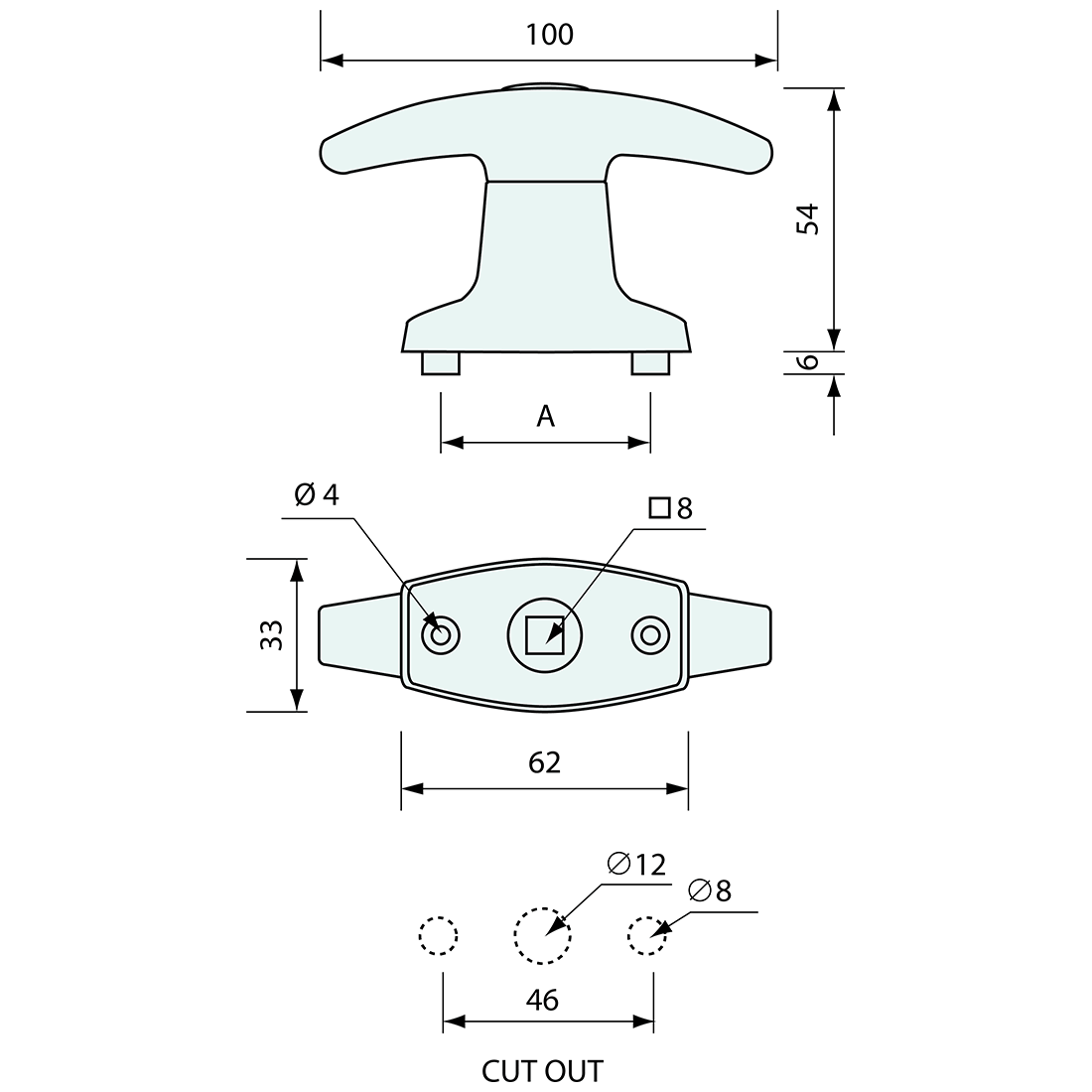 Internal T Handle Locking Front 180deg 46mm Mounting