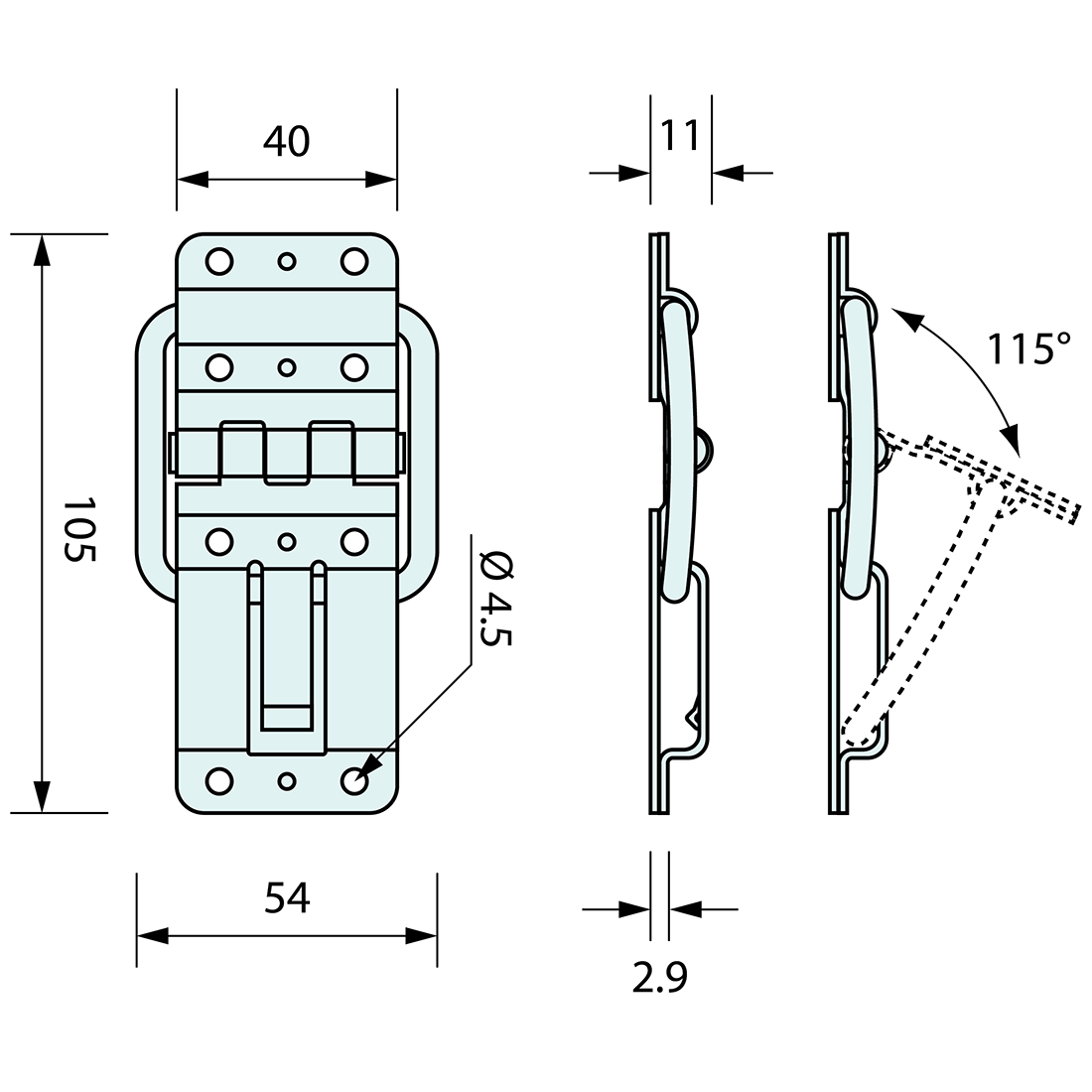 Strut Hinge With Catch Stainless Steel 65x40mm