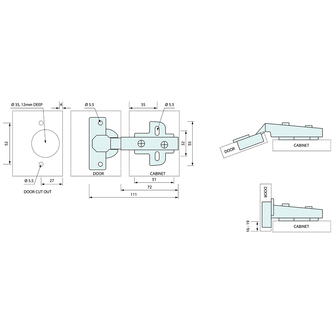 Self Closing Concealed Hinge Straight and Mount
