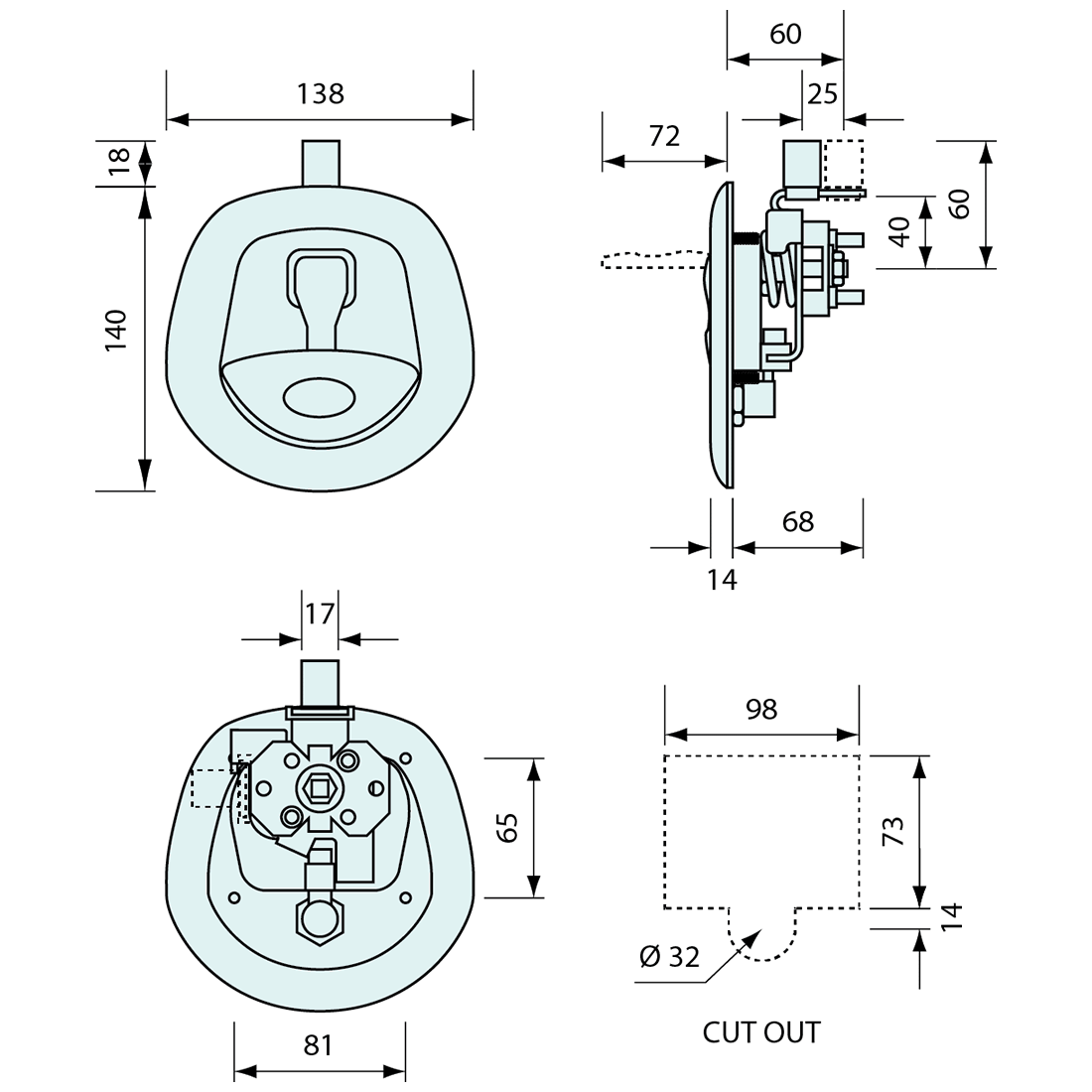 Drop T Latch Key Lock Black Tongue & Face 140mm