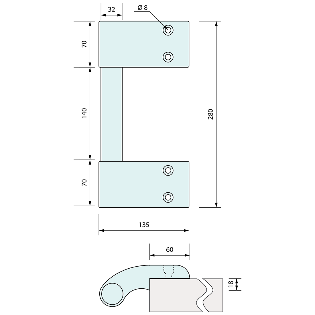 Edge Mount Door Handle 290mm x 135mm