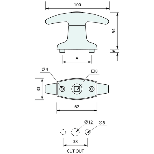 Internal T Handle Locking Front 180deg 38mm Mounting